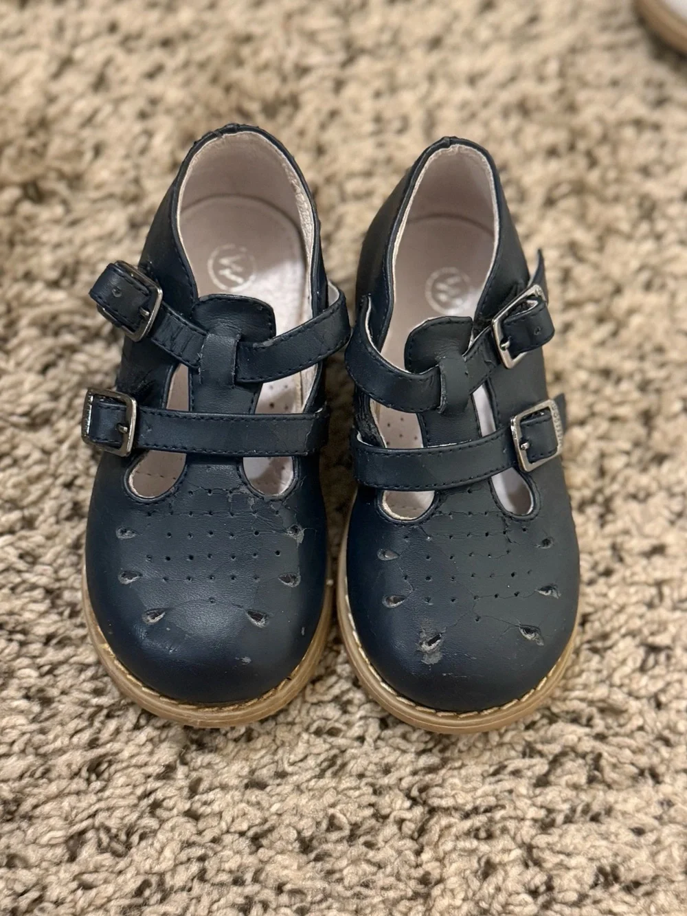 Willits Navy Blue Genuine Leather Girls Classic Double-Strap Dress Shoes EUC